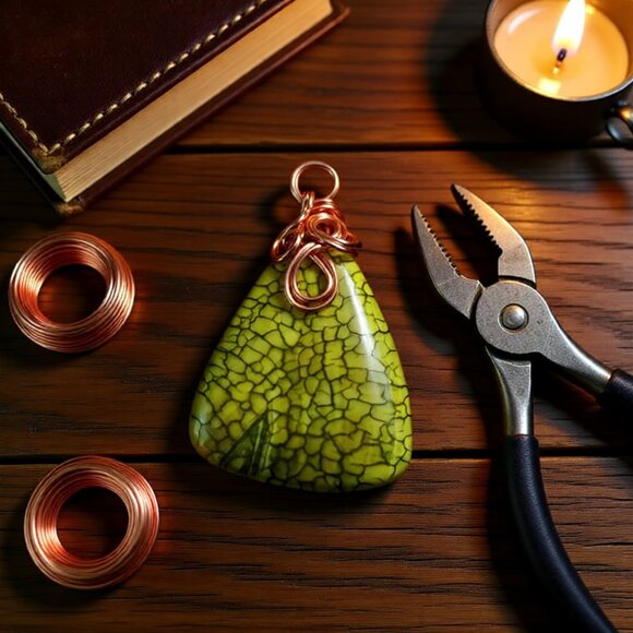 Handmade Copper Wrapped Green Agate Pendant • Vegan Suede • Boho Necklace - Picture 14 of 16